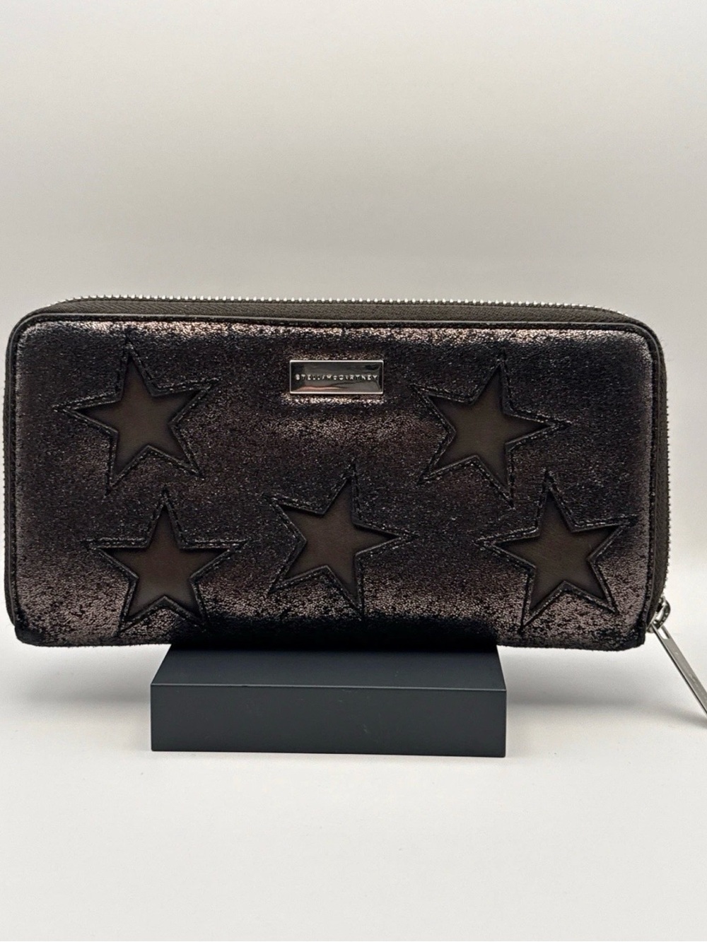 #568 Stella McCartney Metallic Star Zip Around Continental Wallet GunmetalVegan